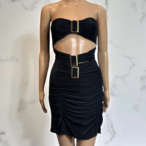 PrettyLittleThing Black Slinky Buckle Bandeau Cut Out Mini Bodycon Club Dress - Picture 1 of 15